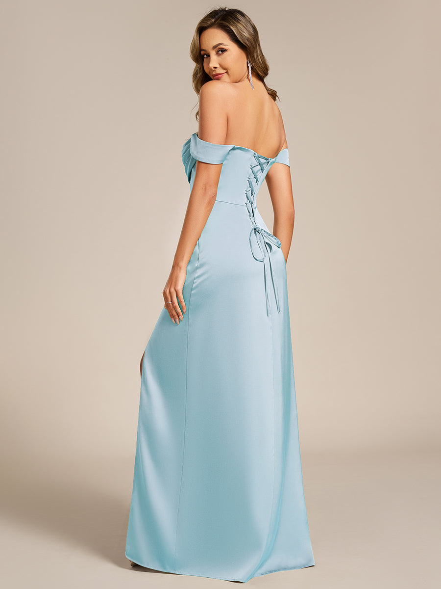 Robes de demoiselle d'honneur en satin à épaules dénudées et manches courtes #Couleur_Bleu Glace