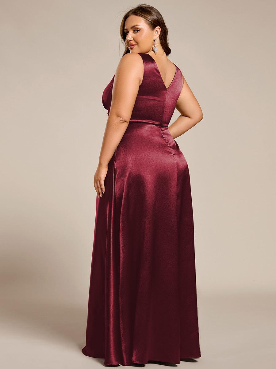Robe de demoiselle d'honneur fendue en satin sans manches à col en V #Couleur_Bordeaux