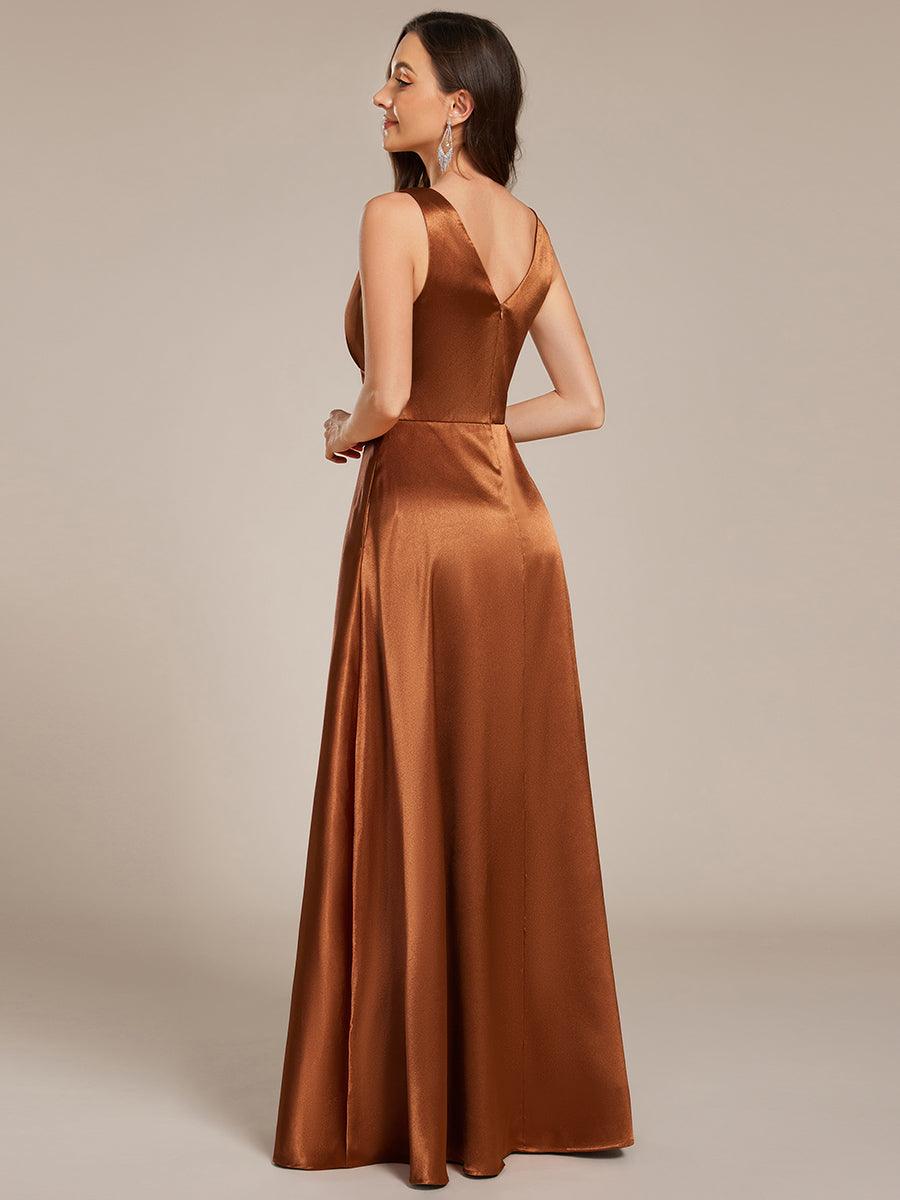 Robe de demoiselle d'honneur fendue en satin sans manches à col en V #Couleur_Bronze