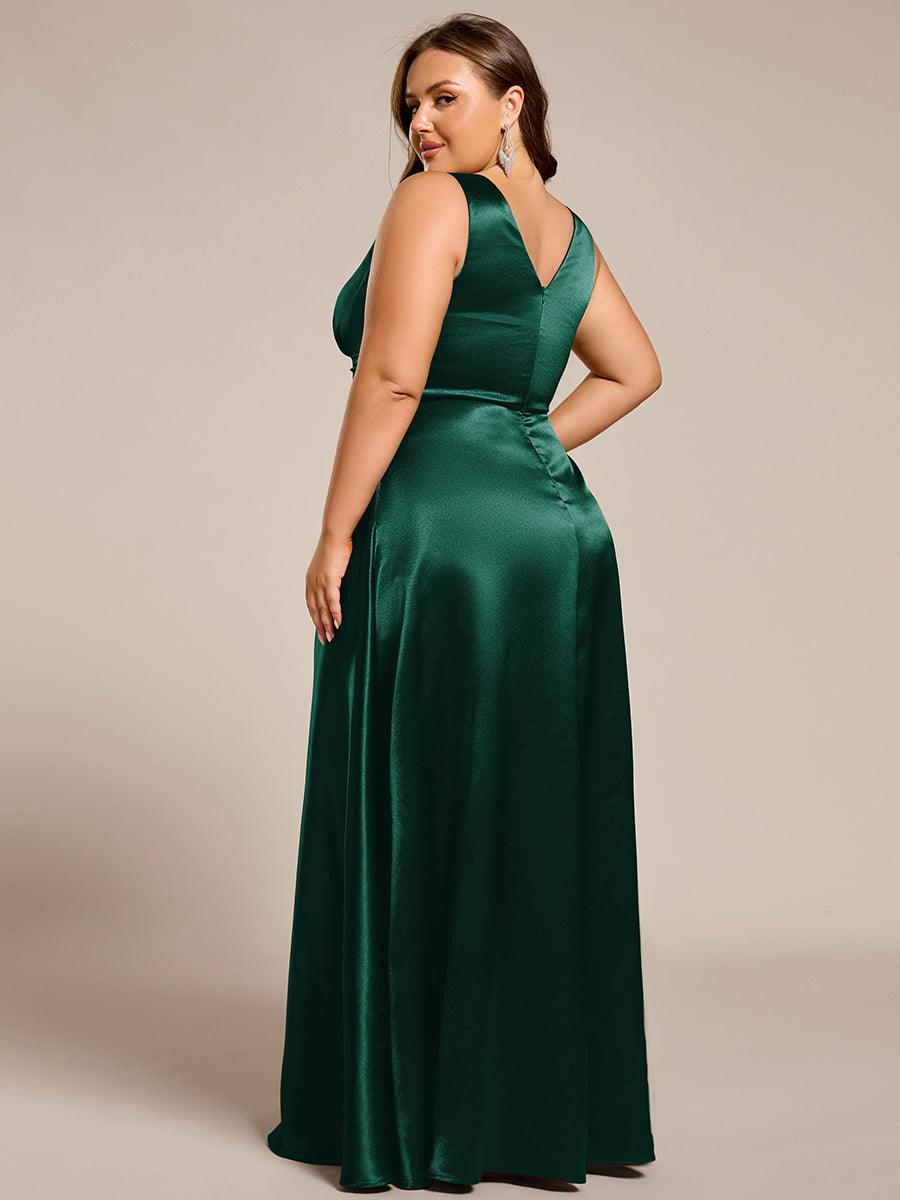 Robe de demoiselle d'honneur fendue en satin sans manches à col en V #Couleur_Vert Fonce