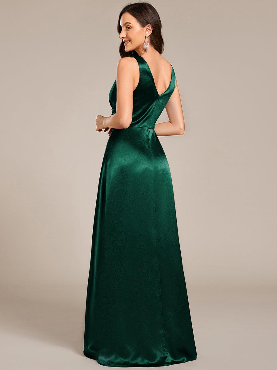 Robe de demoiselle d'honneur fendue en satin sans manches à col en V #Couleur_Vert Fonce