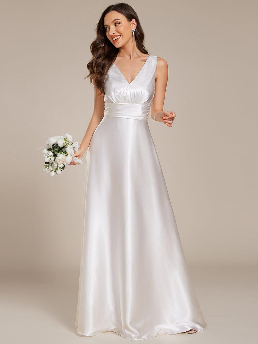 Robe de demoiselle d'honneur fendue en satin sans manches à col en V #Couleur_Blanc