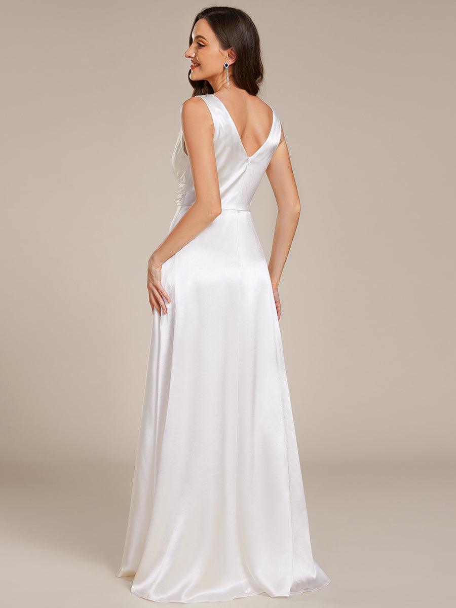 Robe de demoiselle d'honneur fendue en satin sans manches à col en V #Couleur_Blanc