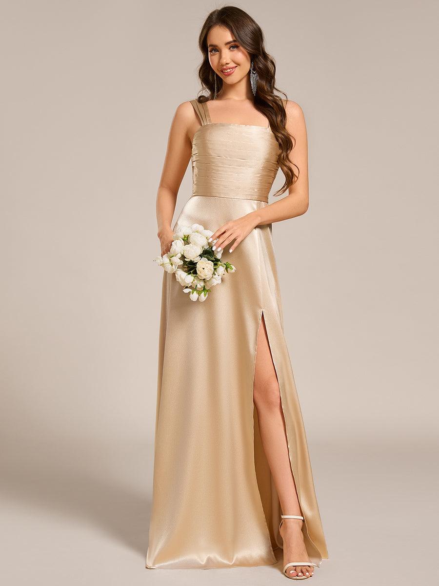 Robes de demoiselle d'honneur longues simples satin doux fente latérale col en V main image 0