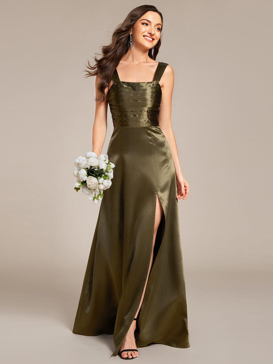 Robe de demoiselle d'honneur plissée en satin fendue #Couleur_ #Couleur_Vert Olive
