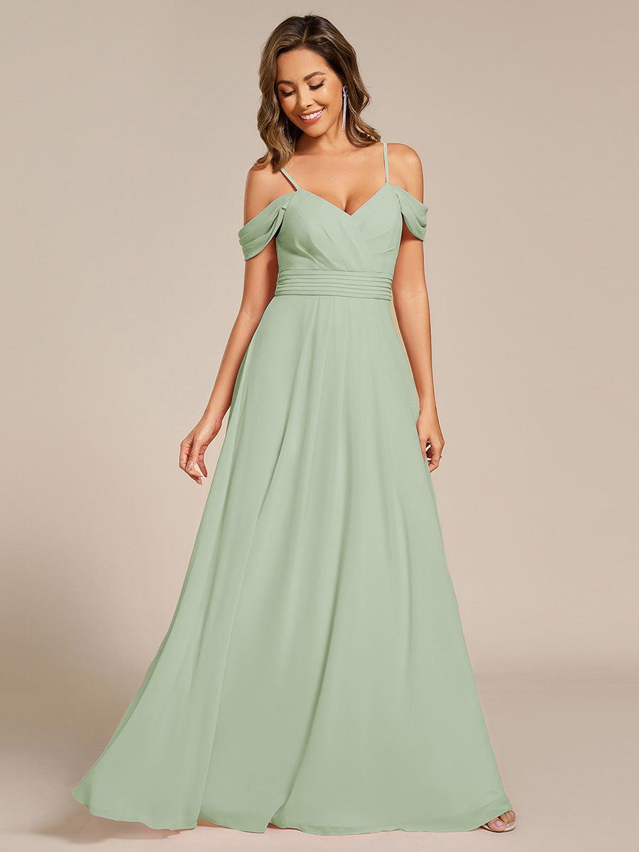 Robe de demoiselle d'honneur longue en mousseline à épaules dénudées et coupe trapèze multipositions #Couleur_Menthe Verte