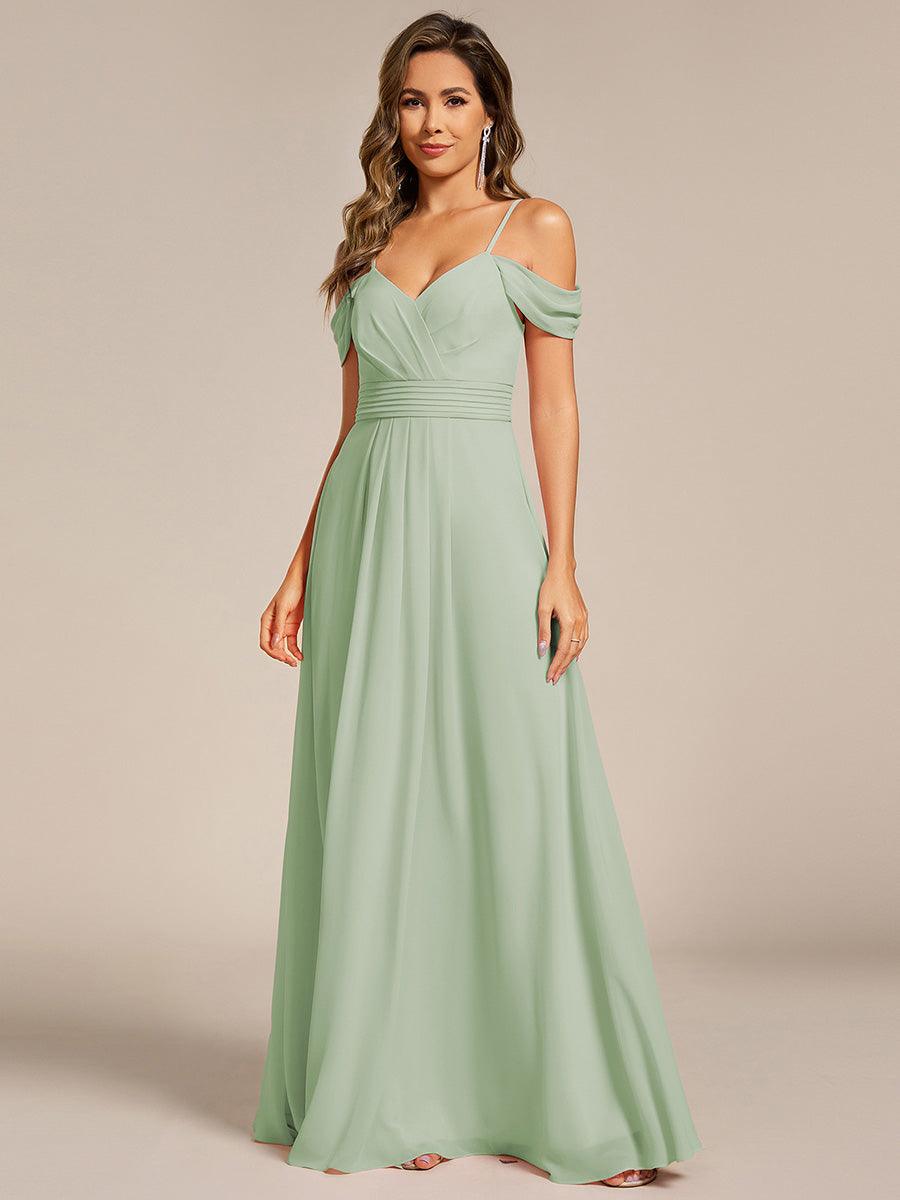 Robe de demoiselle d'honneur longue en mousseline à épaules dénudées et coupe trapèze multipositions #Couleur_Menthe Verte