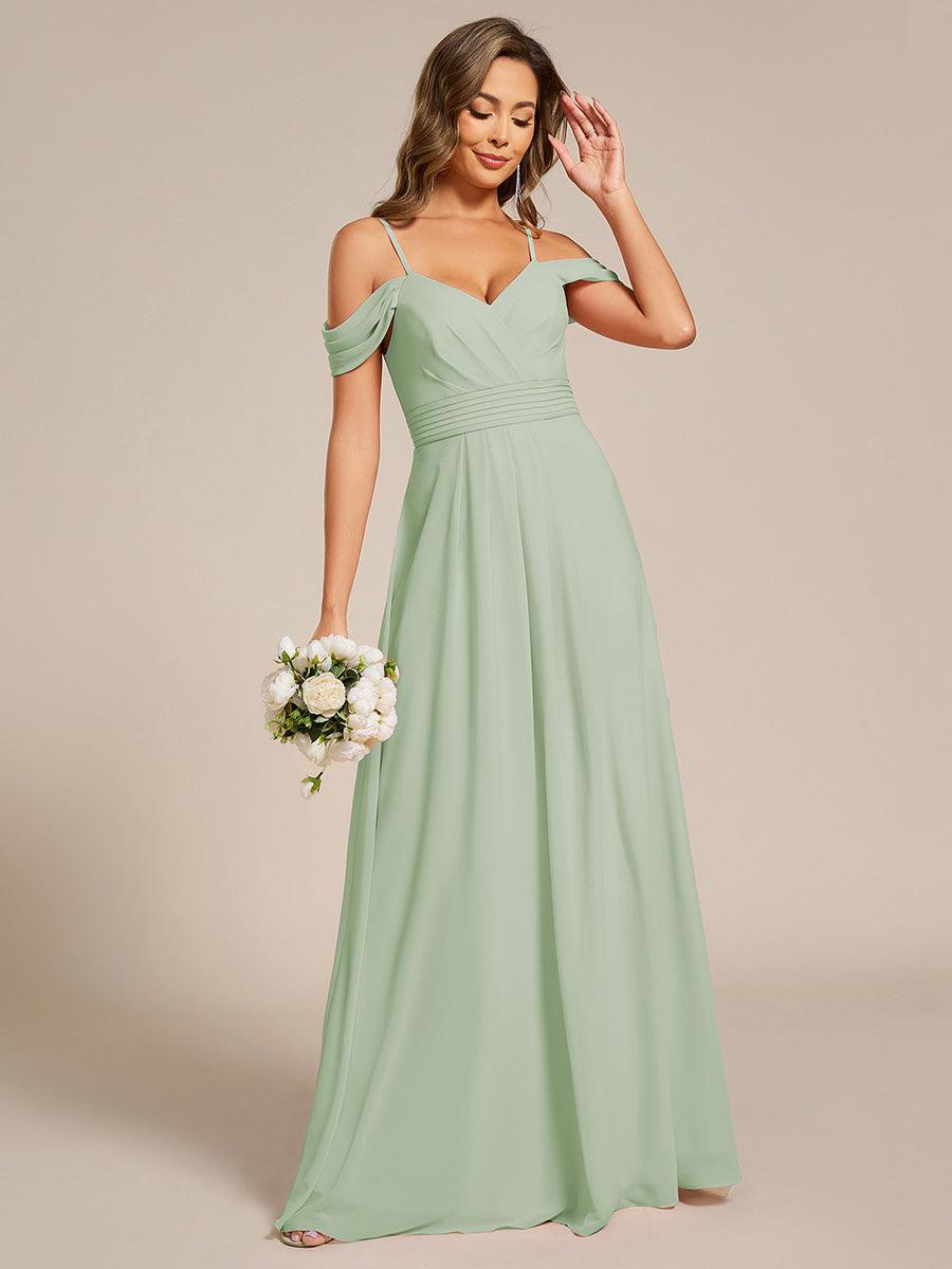 Robe de demoiselle d'honneur longue en mousseline à épaules dénudées et coupe trapèze multipositions #Couleur_Menthe Verte