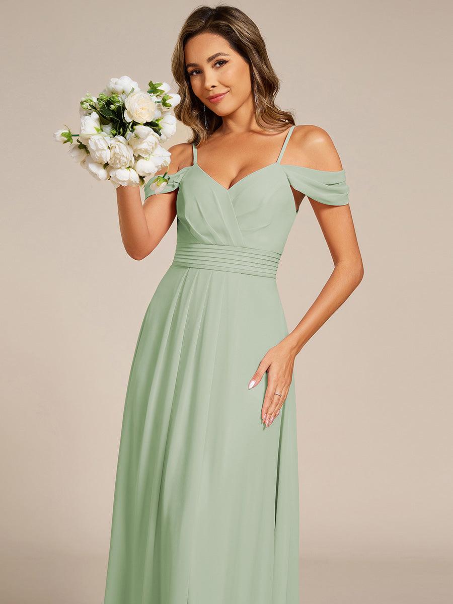 Robe de demoiselle d'honneur longue en mousseline à épaules dénudées et coupe trapèze multipositions #Couleur_Menthe Verte