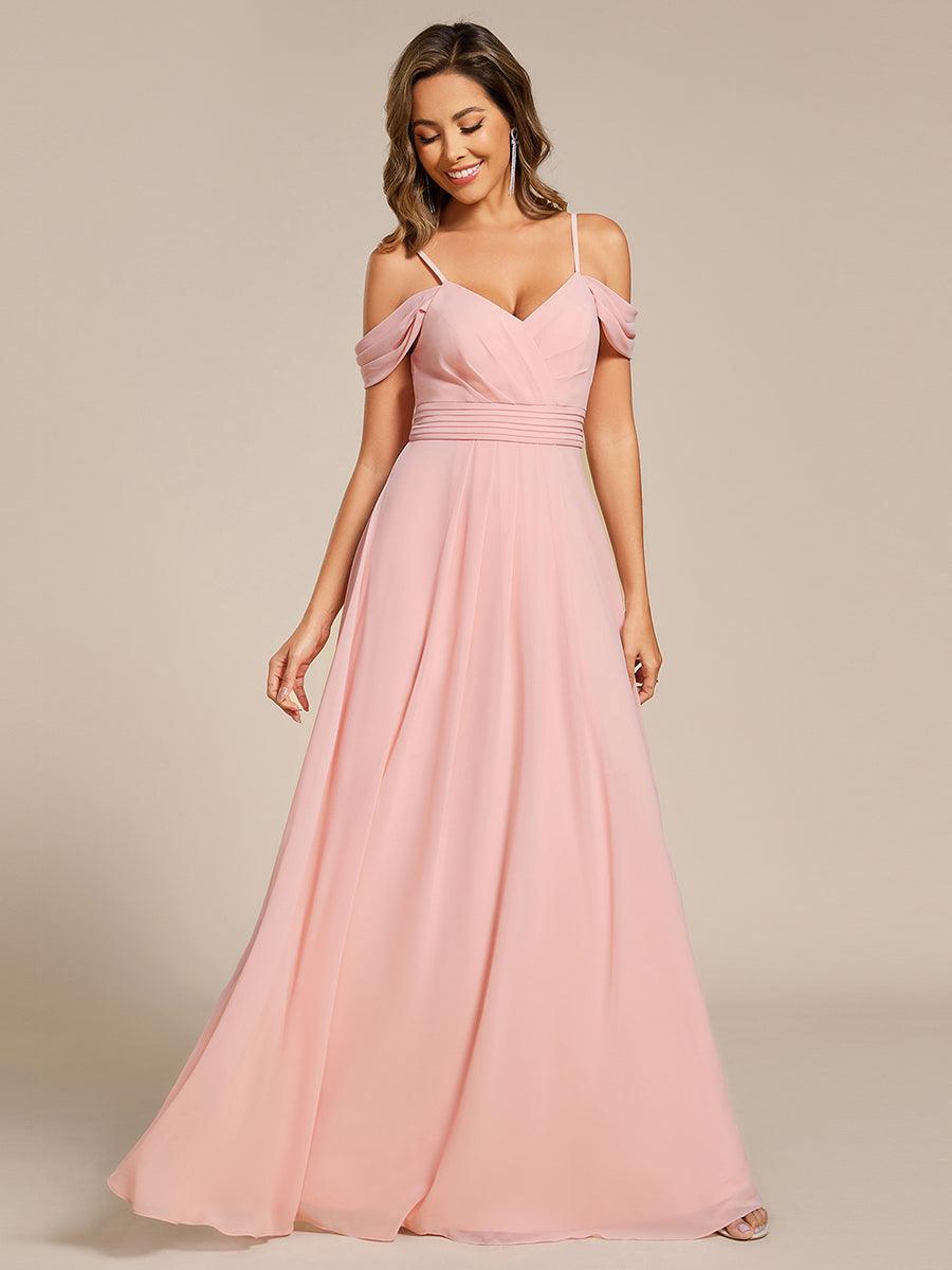 Robe de demoiselle d'honneur longue en mousseline à épaules dénudées et coupe trapèze multipositions #Couleur_Rose
