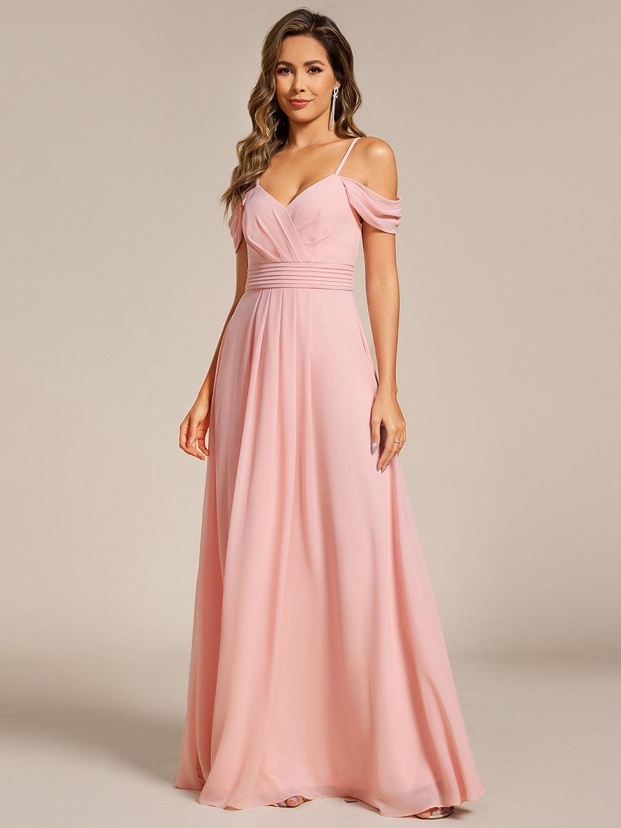 Robe de demoiselle d'honneur longue en mousseline à épaules dénudées et coupe trapèze multipositions #Couleur_Rose