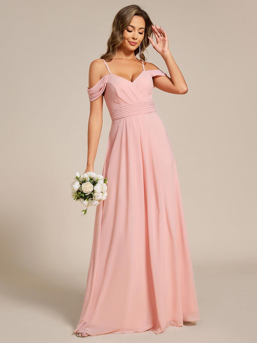 Robe de demoiselle d'honneur longue en mousseline à épaules dénudées et coupe trapèze multipositions #Couleur_Rose