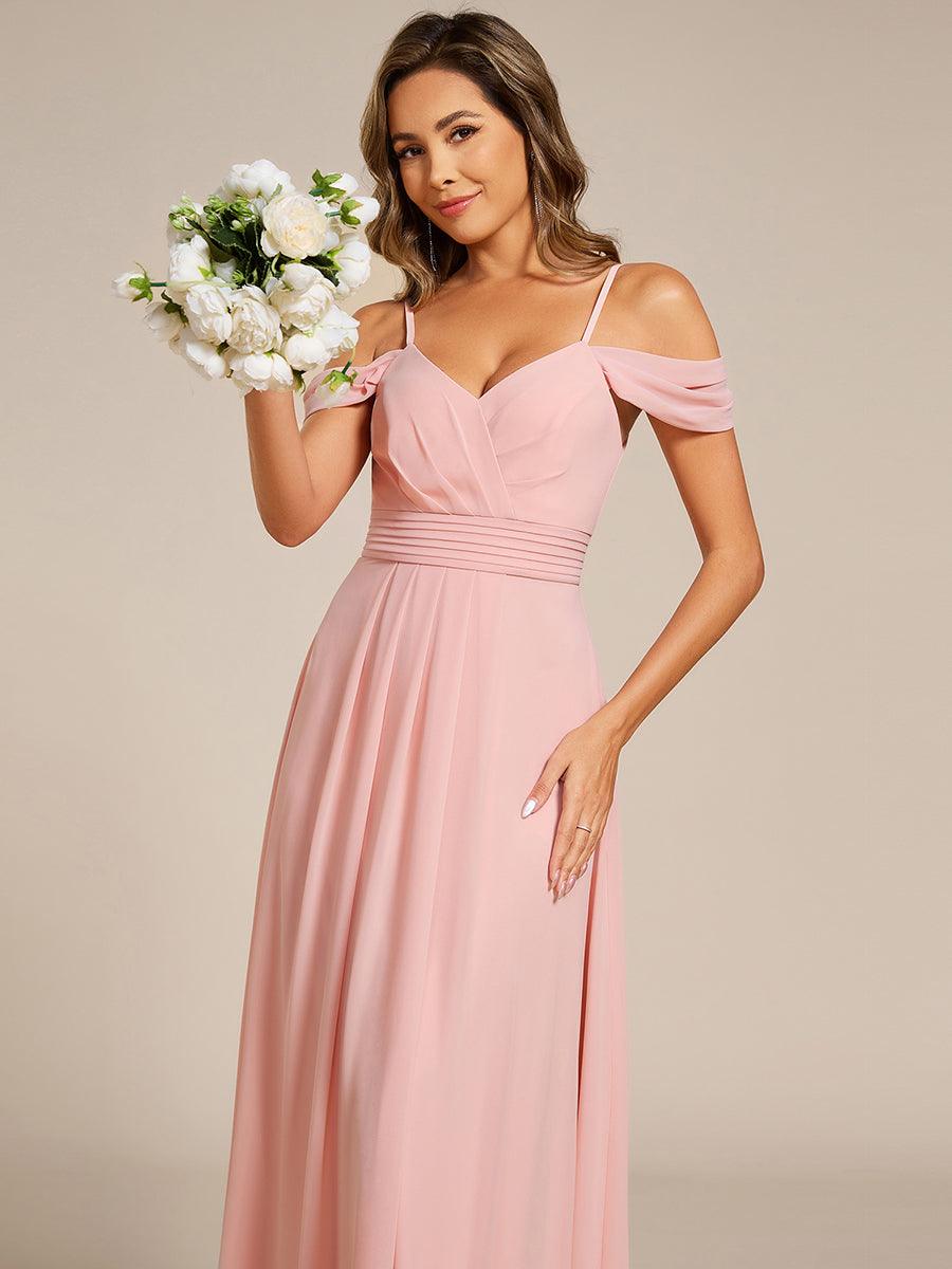 Robe de demoiselle d'honneur longue en mousseline à épaules dénudées et coupe trapèze multipositions #Couleur_Rose
