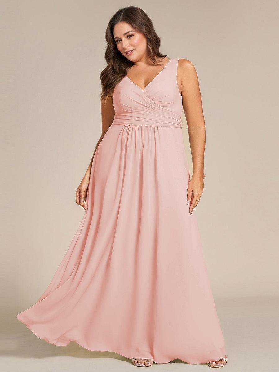 Robe de demoiselle d'honneur longue en mousseline plissée sans bretelles à col en V #Couleur_Rose