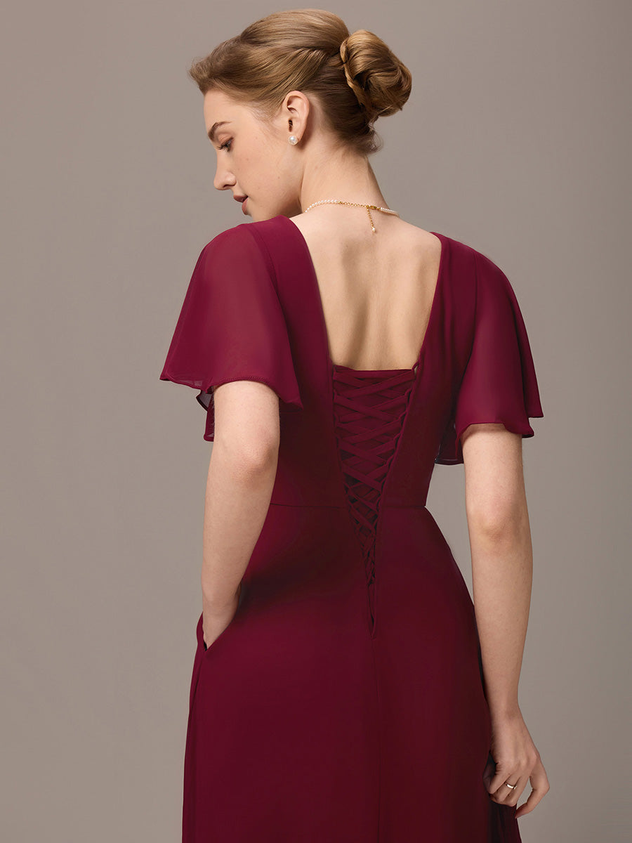 Robe longue de demoiselle d'honneur en mousseline à col en V #Couleur_Bordeaux
