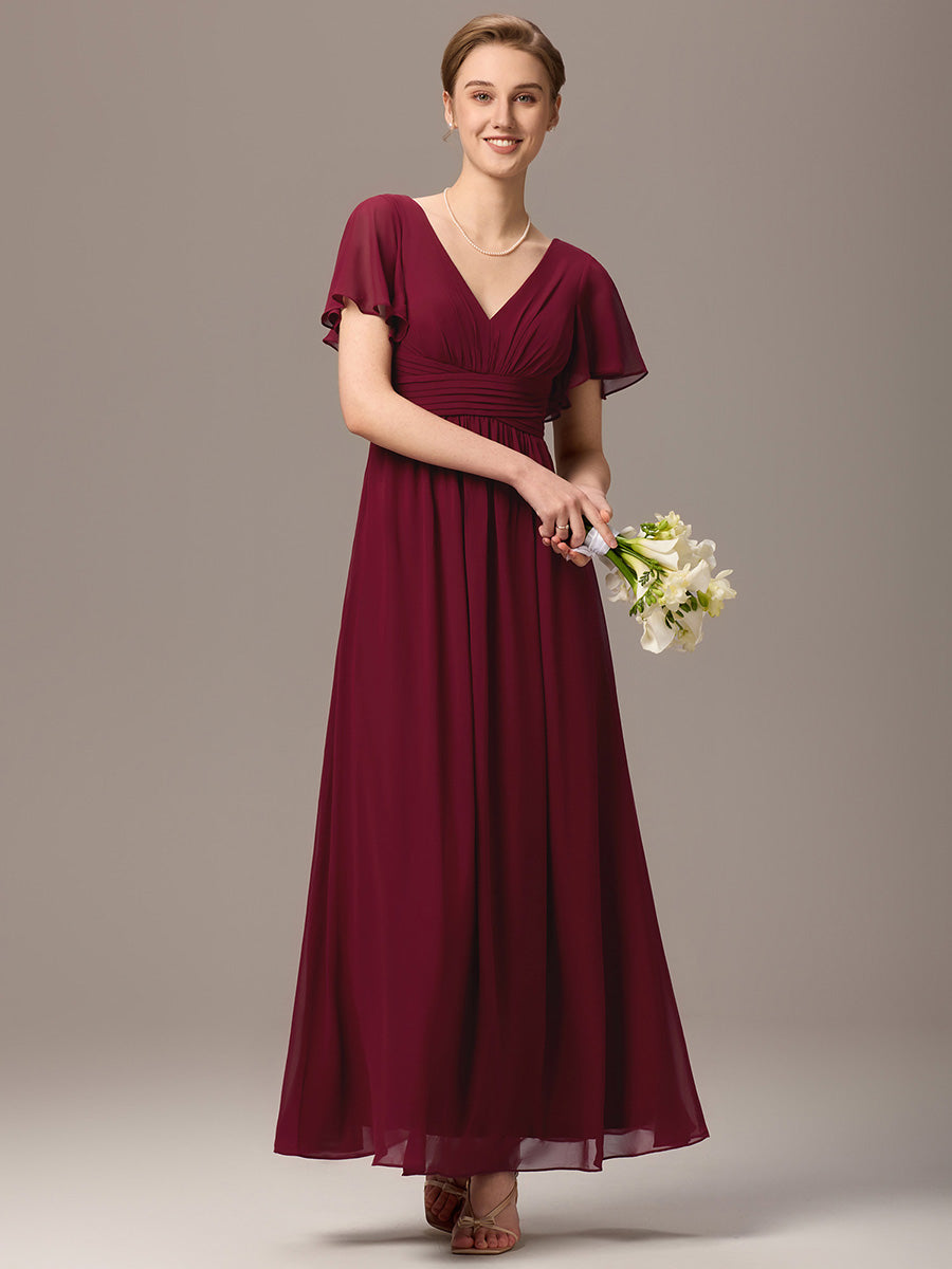 Robe longue de demoiselle d'honneur en mousseline à col en V #Couleur_Bordeaux
