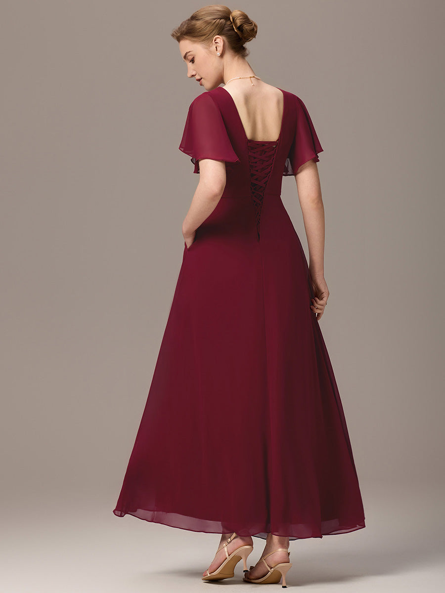 Robe longue de demoiselle d'honneur en mousseline à col en V #Couleur_Bordeaux