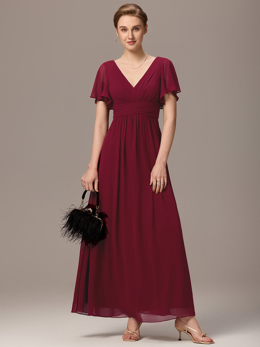 Robe longue de demoiselle d'honneur en mousseline à col en V #Couleur_Bordeaux