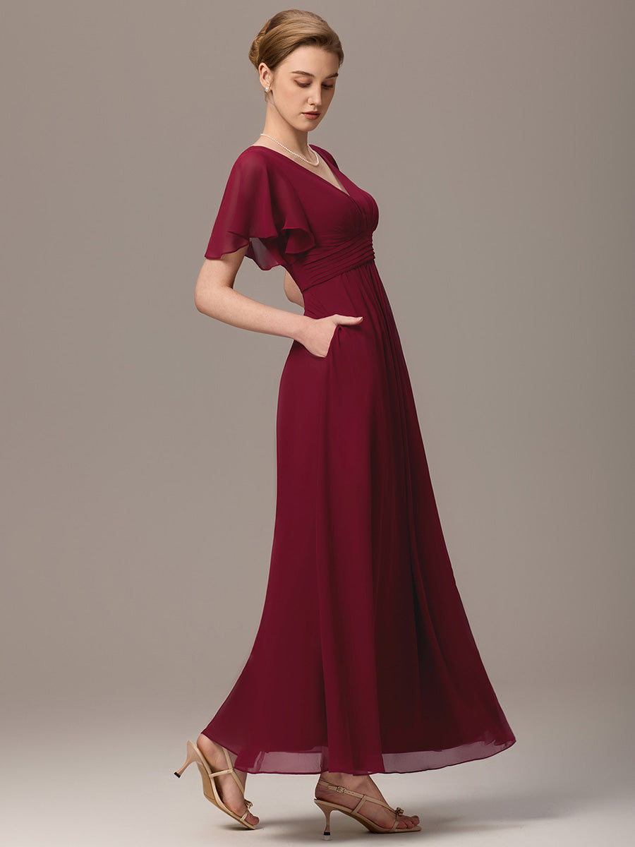 Robe longue de demoiselle d'honneur en mousseline à col en V #Couleur_Bordeaux