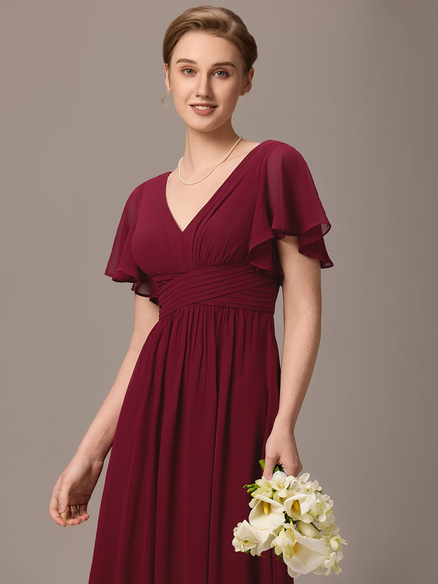 Robe longue de demoiselle d'honneur en mousseline à col en V #Couleur_Bordeaux