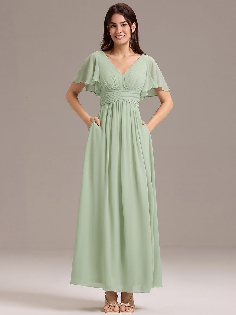 Robe longue de demoiselle d'honneur en mousseline à col en V #Couleur_Menthe Verte