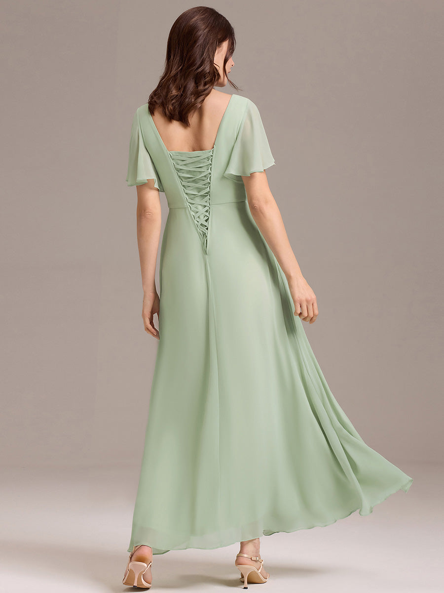 Robe longue de demoiselle d'honneur en mousseline à col en V #Couleur_Menthe Verte