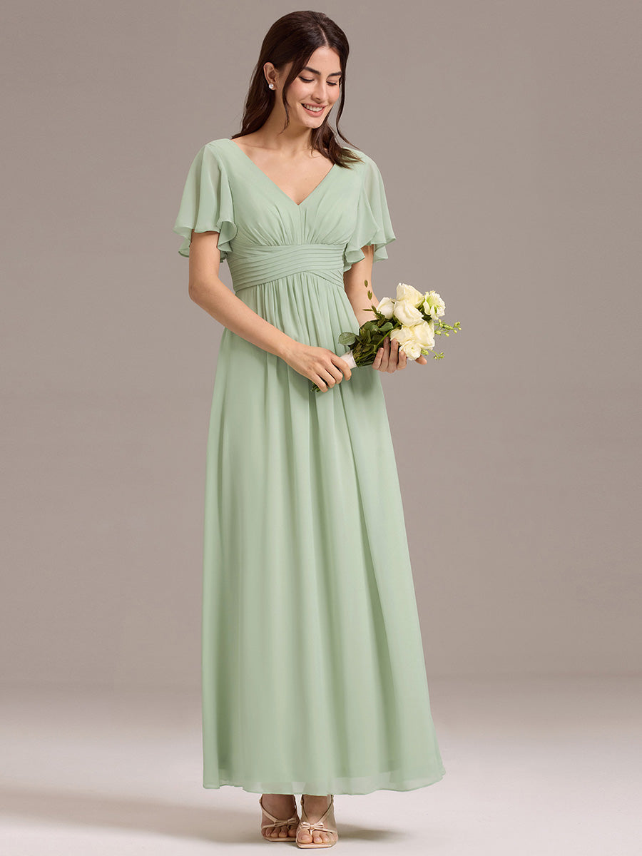 Robe longue de demoiselle d'honneur en mousseline à col en V #Couleur_Menthe Verte