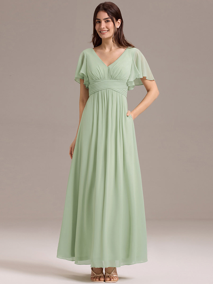 Robe longue de demoiselle d'honneur en mousseline à col en V #Couleur_Menthe Verte