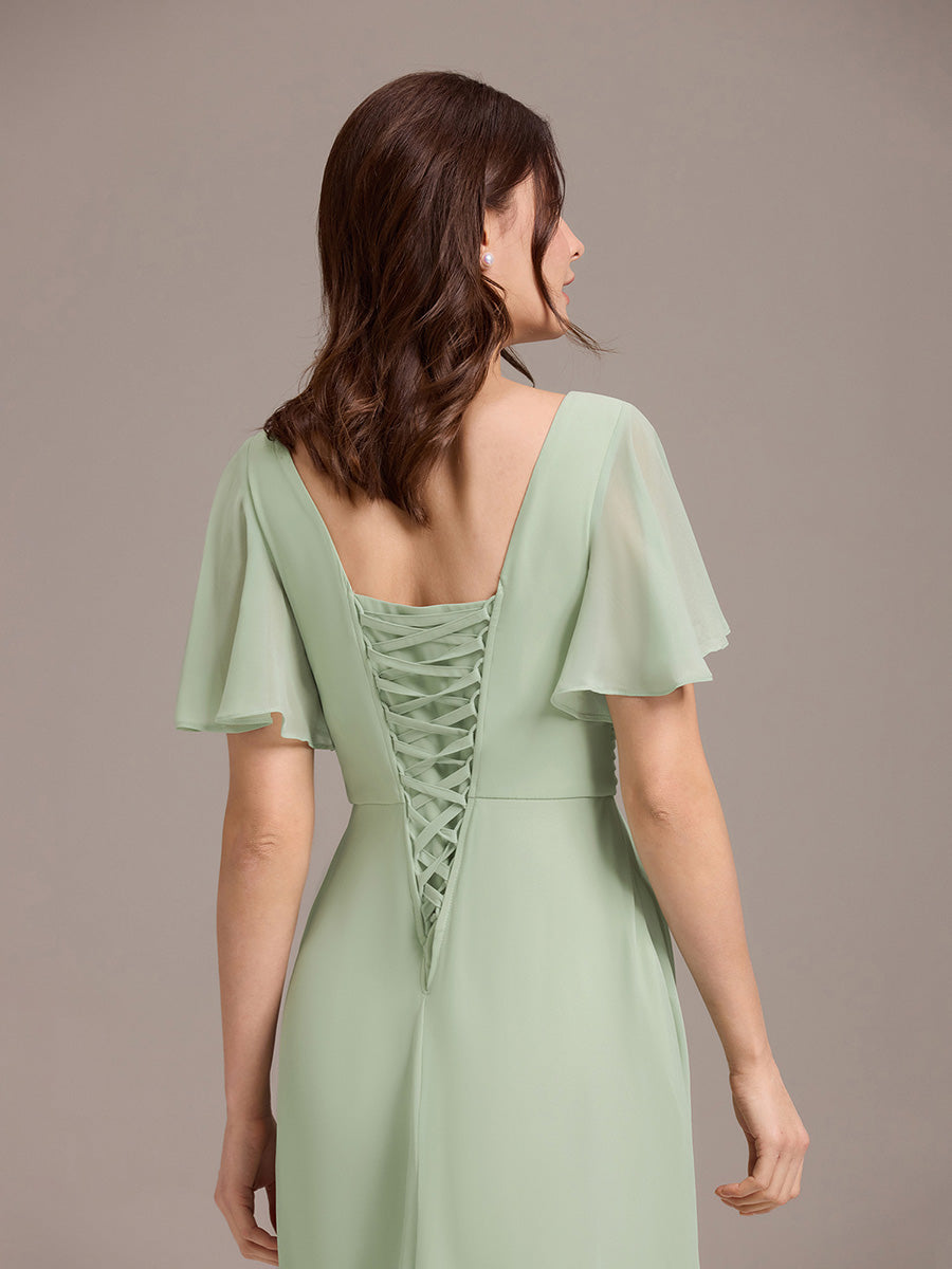 Robe longue de demoiselle d'honneur en mousseline à col en V #Couleur_Menthe Verte