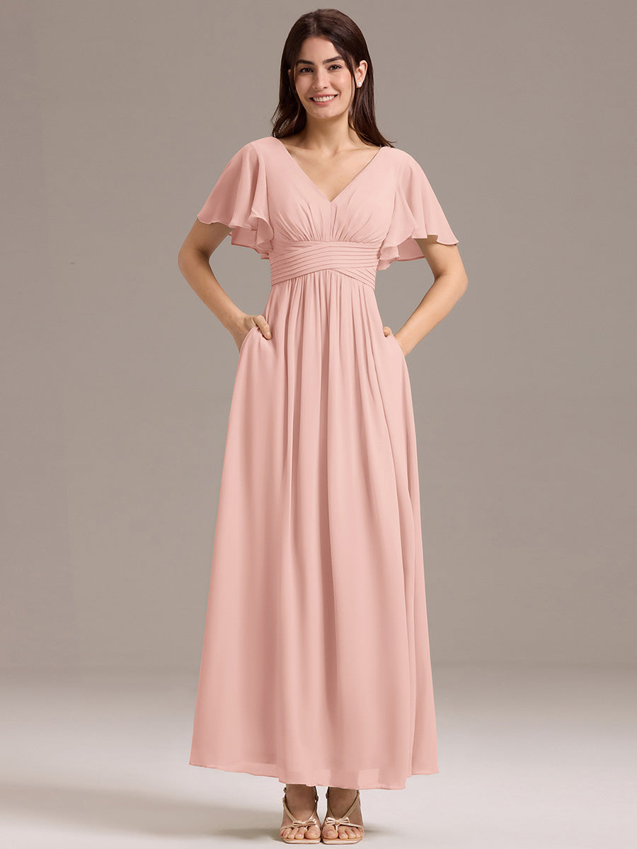 Robe longue de demoiselle d'honneur en mousseline à col en V #Couleur_Rose