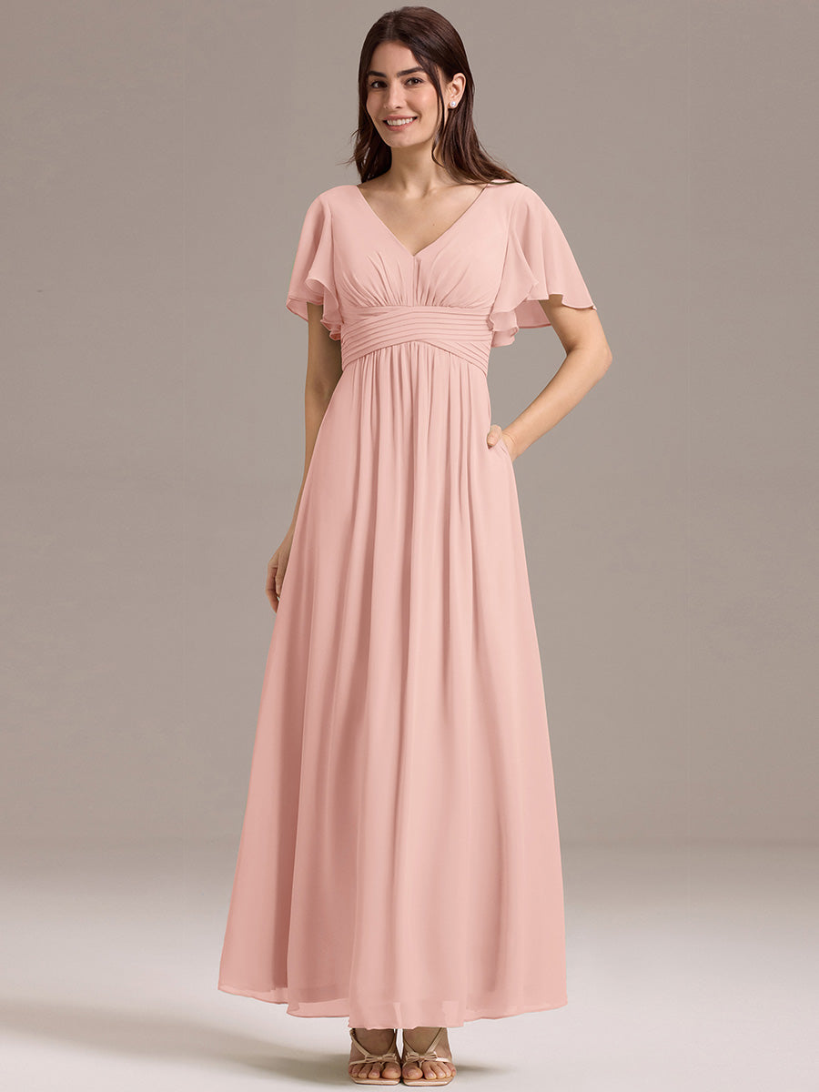 Robe longue de demoiselle d'honneur en mousseline à col en V #Couleur_Rose