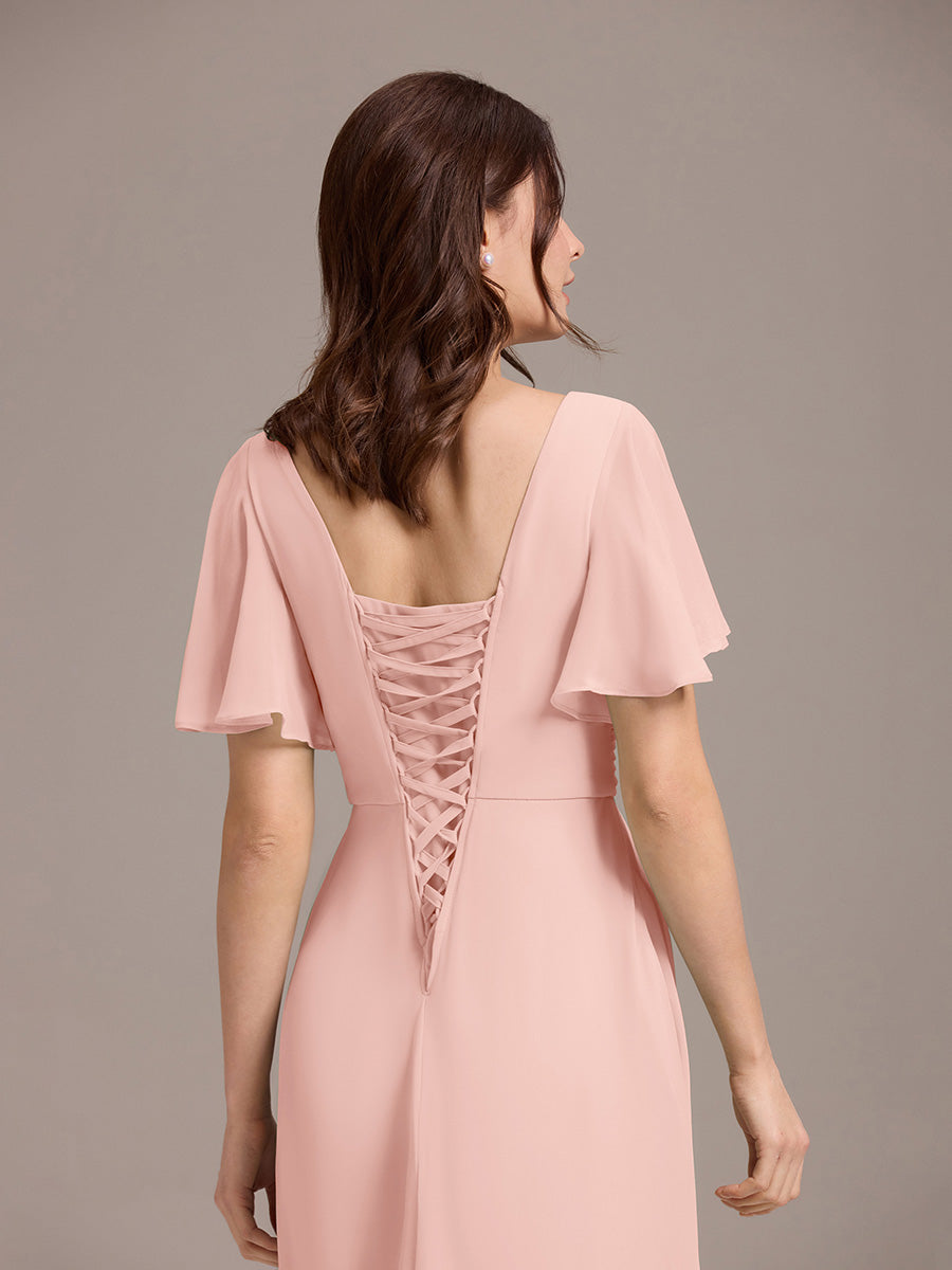 Robe longue de demoiselle d'honneur en mousseline à col en V #Couleur_Rose
