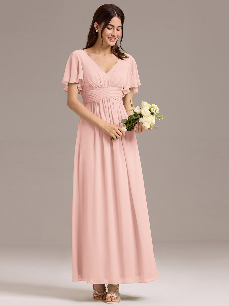 Robe longue de demoiselle d'honneur en mousseline à col en V #Couleur_Rose