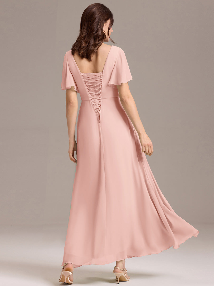 Robe longue de demoiselle d'honneur en mousseline à col en V #Couleur_Rose
