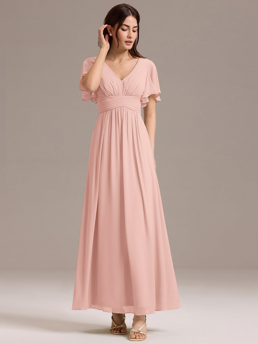 Robe longue de demoiselle d'honneur en mousseline à col en V #Couleur_Rose