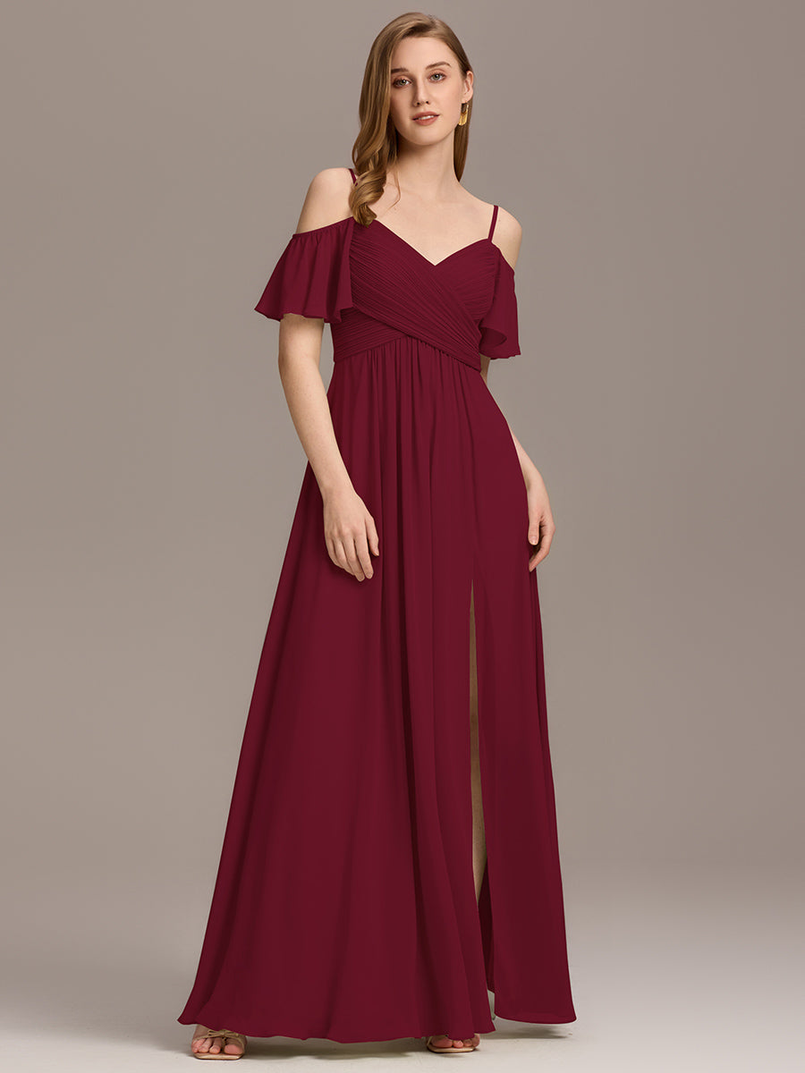Robe d'invité de mariage trapèze en mousseline fluide à encolure ronde et longueur au genou #Couleur_Bordeaux