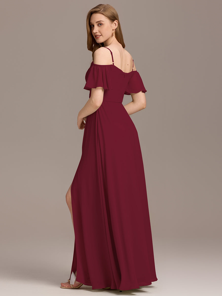 Robe d'invité de mariage trapèze en mousseline fluide à encolure ronde et longueur au genou #Couleur_Bordeaux