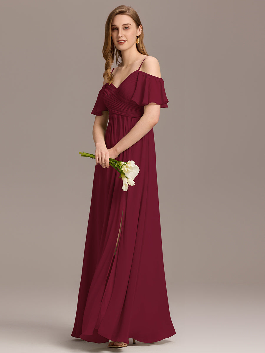 Robe d'invité de mariage trapèze en mousseline fluide à encolure ronde et longueur au genou #Couleur_Bordeaux