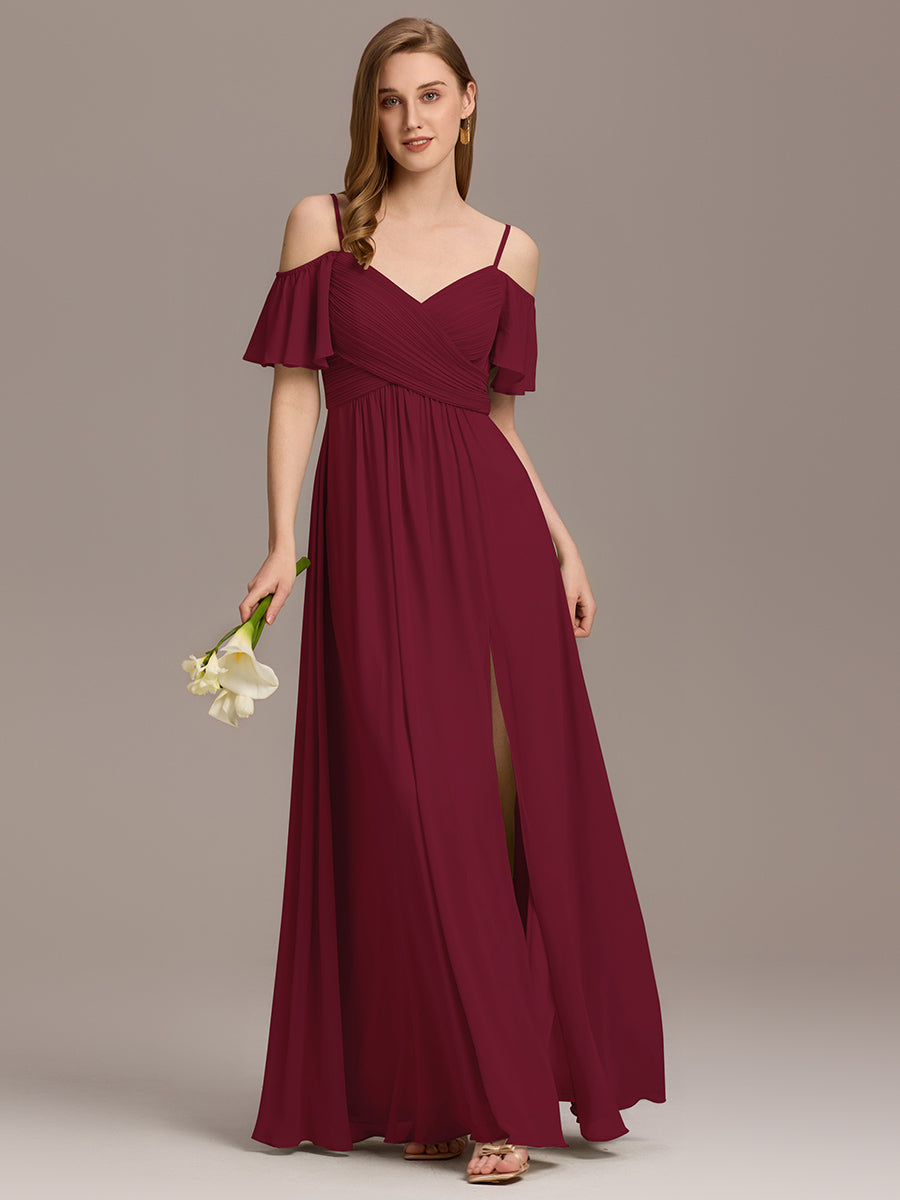 Robe d'invité de mariage trapèze en mousseline fluide à encolure ronde et longueur au genou #Couleur_Bordeaux