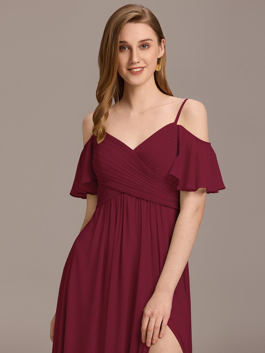 Robe d'invité de mariage trapèze en mousseline fluide à encolure ronde et longueur au genou #Couleur_Bordeaux