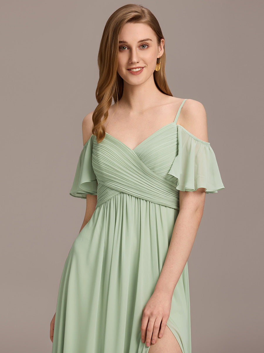 Robe d'invité de mariage trapèze en mousseline fluide à encolure ronde et longueur au genou #Couleur_Menthe Verte