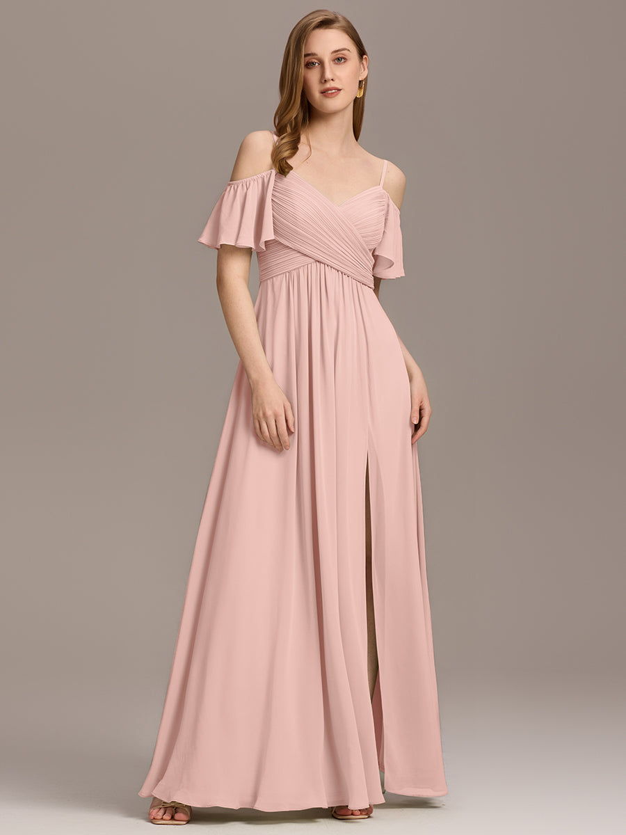 Robe d'invité de mariage trapèze en mousseline fluide à encolure ronde et longueur au genou #Couleur_Rose