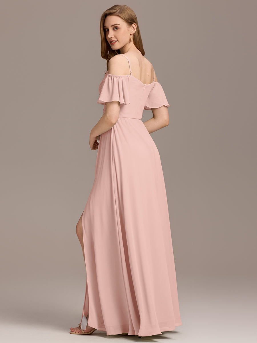 Robe d'invité de mariage trapèze en mousseline fluide à encolure ronde et longueur au genou #Couleur_Rose