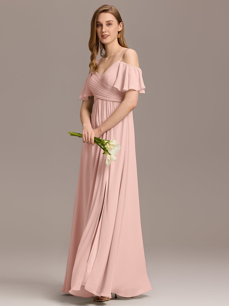 Robe d'invité de mariage trapèze en mousseline fluide à encolure ronde et longueur au genou #Couleur_Rose