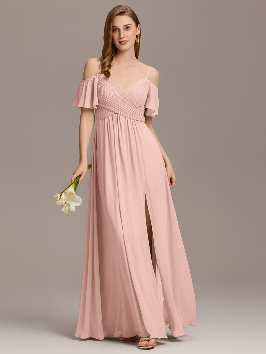 Robe d'invité de mariage trapèze en mousseline fluide à encolure ronde et longueur au genou #Couleur_Rose