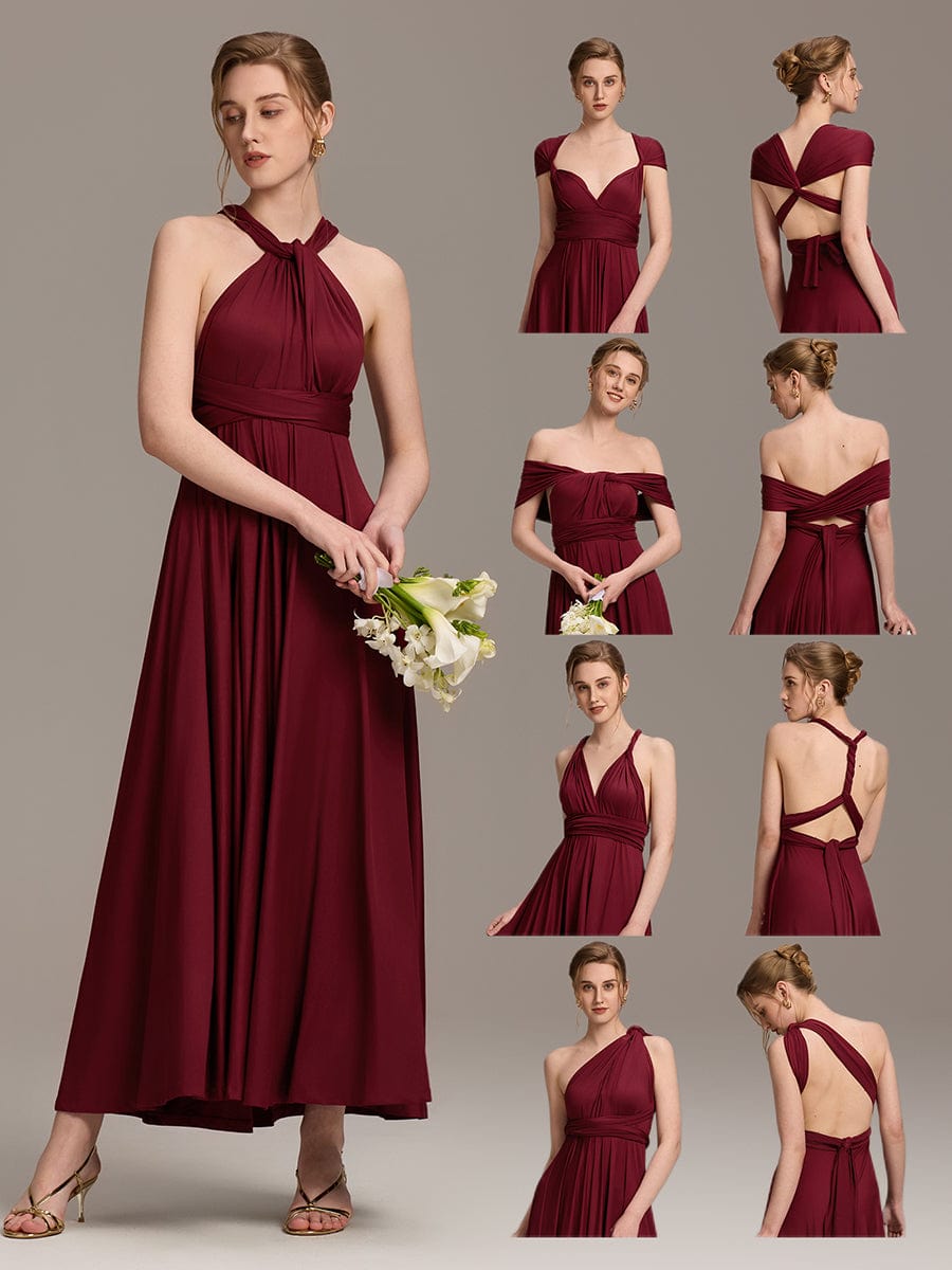 Robe d'invité de mariage trapèze en mousseline fluide à encolure ronde et longueur au genou #Couleur_Bordeaux
