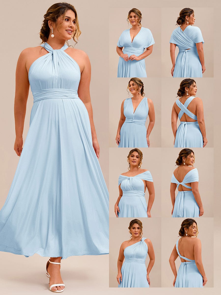 Robe d'invité de mariage trapèze en mousseline fluide à encolure ronde et longueur au genou #Couleur_Bleu Ciel