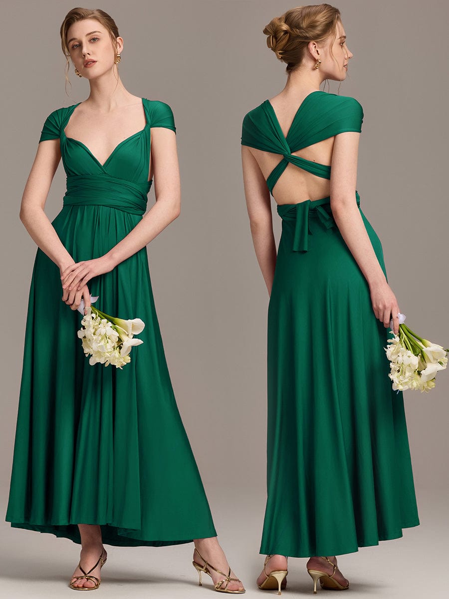Robe d'invité de mariage trapèze en mousseline fluide à encolure ronde et longueur au genou #Couleur_Vert Fonce