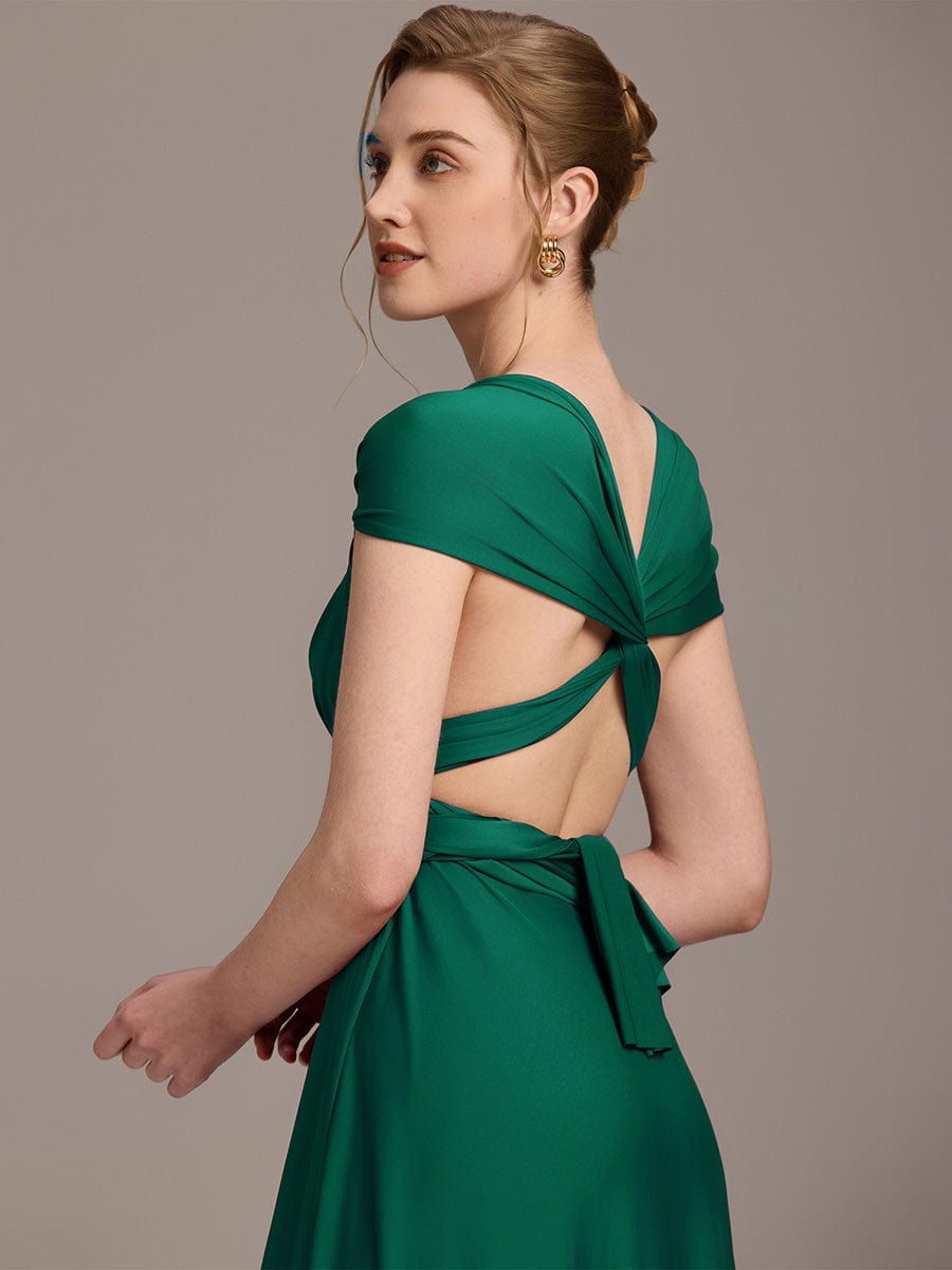 Robe d'invité de mariage trapèze en mousseline fluide à encolure ronde et longueur au genou #Couleur_Vert Fonce