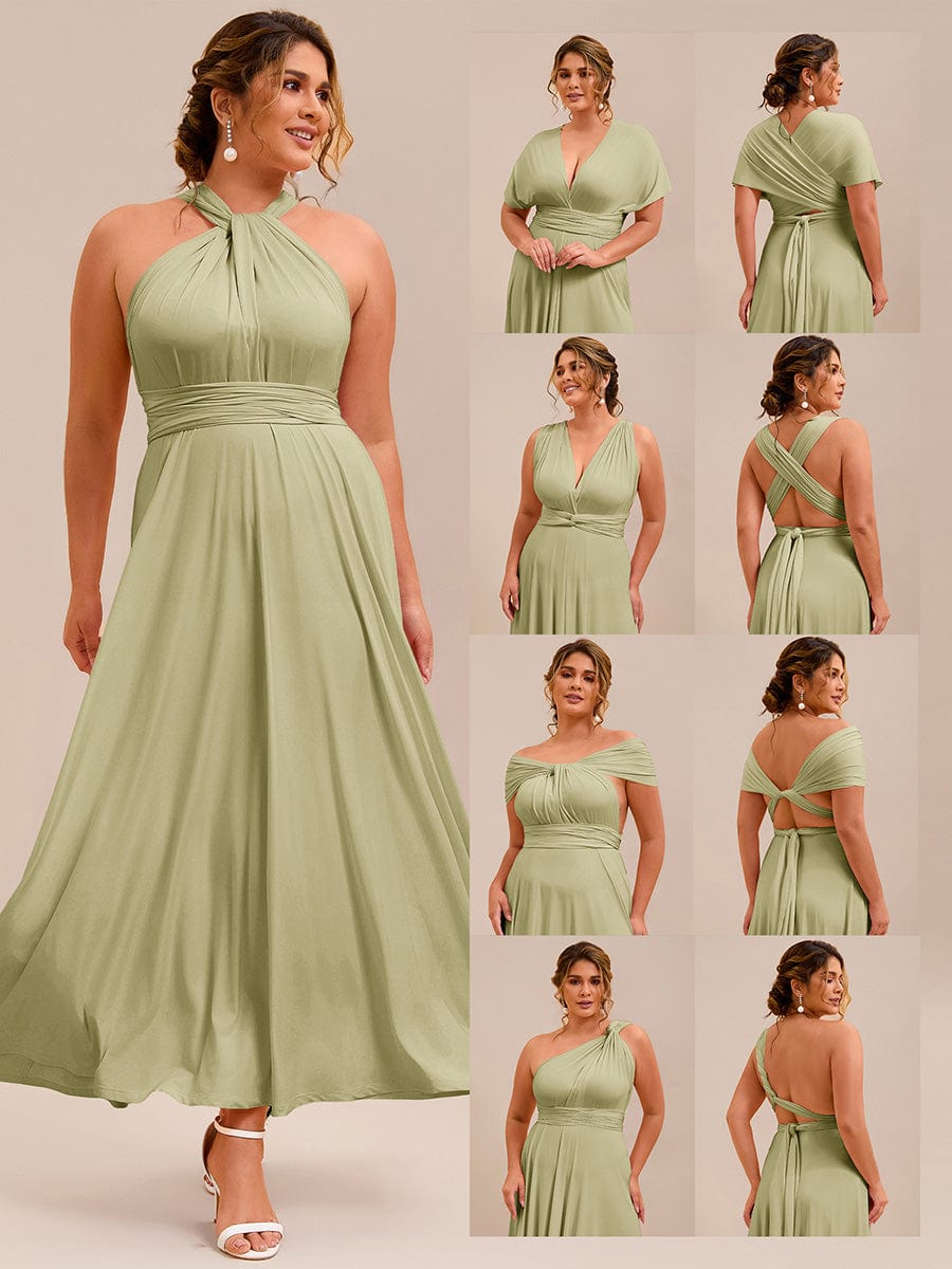 Robe d'invité de mariage trapèze en mousseline fluide à encolure ronde et longueur au genou #Couleur_Vert sauge